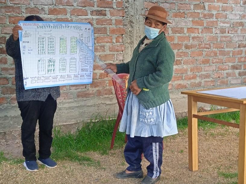 Productora peruana analizando el mapa de asignación de recursos de su “chacra” (finca)&#9;